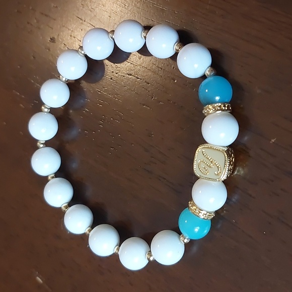 Jewelry - Letter Y Initial White Ceramic Beads And Blue Stone Stretch Bracelet